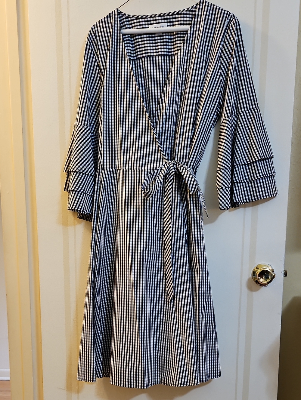 Calvin Klein Black and White Gingham Wrap Midi Dress, Size 12